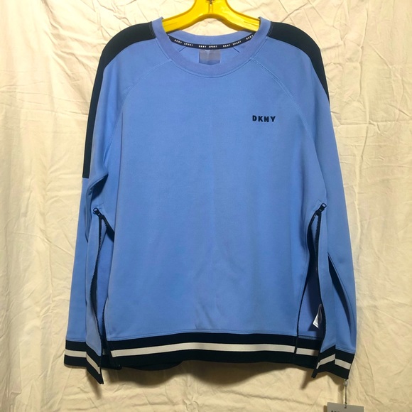 DKNY SPORT Sweatshirt Large Lt Blue, Black, White. Striped Trim. 2 Zippers. - Picture 1 of 7